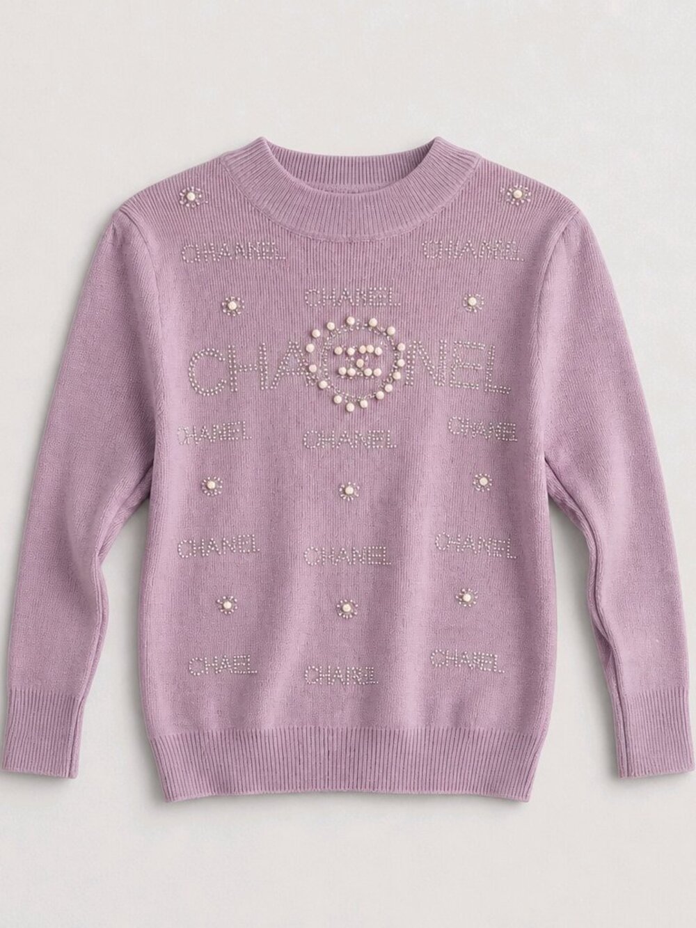 Adorable Rhinestone Pearl Purple Knit Cotton Sweater
